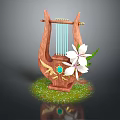 Decorative Commercial Equipment Wooden Lyre With Golden Decorations Green Gemstone White Flowers And Sparkling Effect