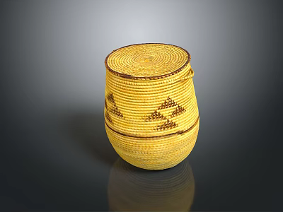 Yellow Handcrafted Woven Basket With Spiral Top And Patterned Sides For Household Use 3d model
