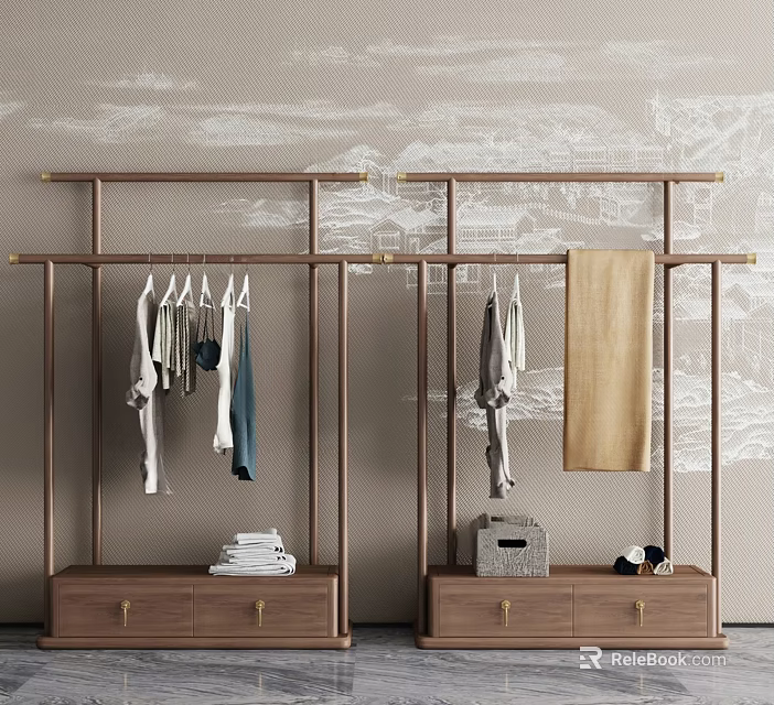 Wooden Clothes Rack With Hanging Clothes Towel And Storage Drawers Against Decorative Patterned Wall 3d model 