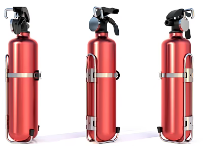 Three Red Portable Fire Extinguishers With Metal Cylinders And Handles 3d model