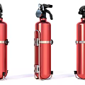 Three Red Portable Fire Extinguishers With Metal Cylinders And Handles