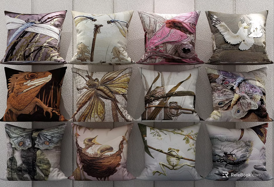 Decorative Throw Pillows with Various Animal and Nature Prints for Home Decor 3d model 