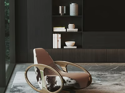 Elegant Modern Lounge Chair With Curved Metal Frame And Dark Wood Shelves On Soft Rug 3d model