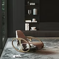Elegant Modern Lounge Chair With Curved Metal Frame And Dark Wood Shelves On Soft Rug