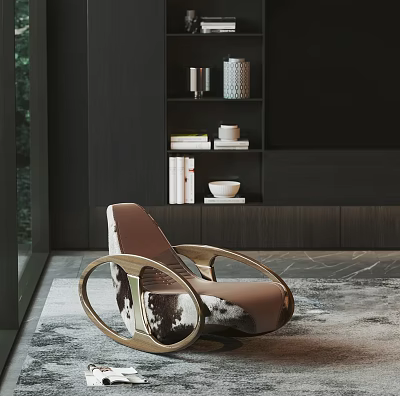 Elegant Modern Lounge Chair With Curved Metal Frame And Dark Wood Shelves On Soft Rug 3d model