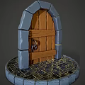 Wooden Swing Door with Arched Stone Frame and Metal Ring Handle on Circular Brick Base