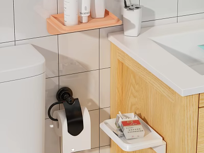 Bathroom Wall Cabinet on White Tile Wall Beside Toilet With Toilet Paper Holder Near Sink 3d model