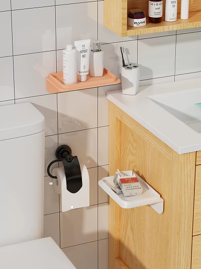 Bathroom Wall Cabinet on White Tile Wall Beside Toilet With Toilet Paper Holder Near Sink 3d model