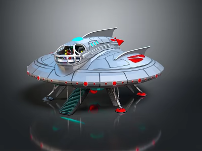 Futuristic Silver Flying Saucer Spaceship with Red Accents Cockpit and Landing Gear for Cosmic Exploration 3d model