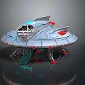 Futuristic Silver Flying Saucer Spaceship with Red Accents Cockpit and Landing Gear for Cosmic Exploration