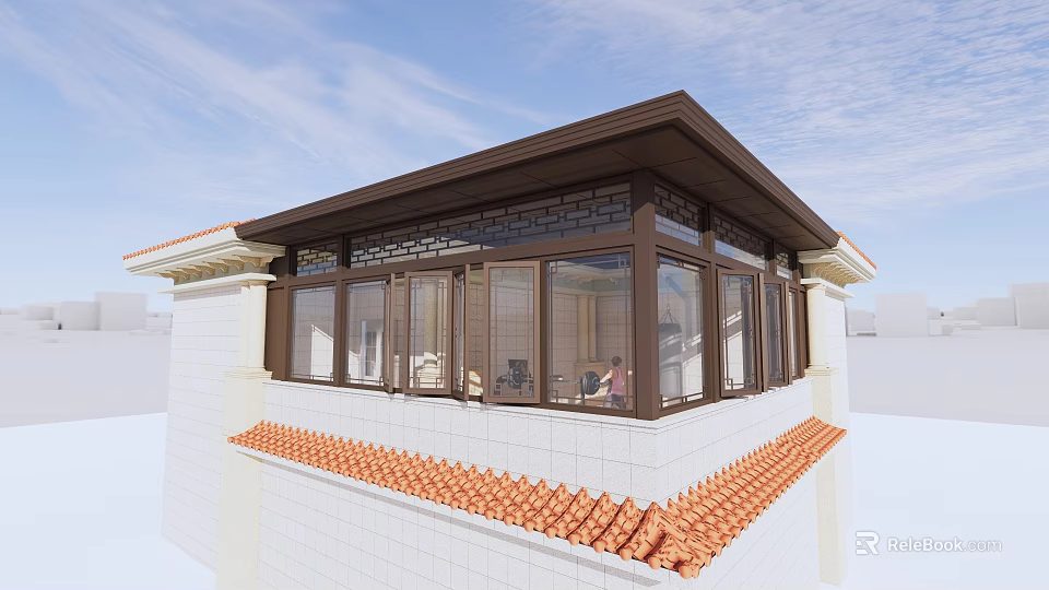 Traditional Sunroom With Brown Frame Windows Red Tiled Roof And White Walls 3d model 