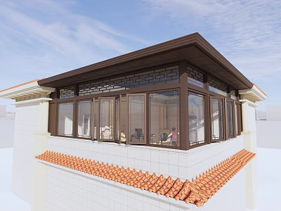 Traditional Sunroom With Brown Frame Windows Red Tiled Roof And White Walls 3d model