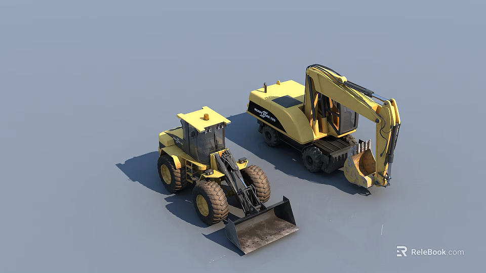 Two Yellow Construction Utility Vehicles Featuring Loader And Excavator Heavy Duty Machines 3d model 