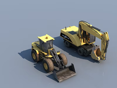 Two Yellow Construction Utility Vehicles Featuring Loader And Excavator Heavy Duty Machines 3d model