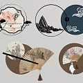 Chinese Style Wall Decor with Round Panels Fan Elements Traditional Patterns and Tassel Accents 3d model