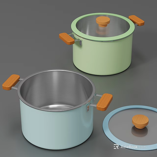 Colorful Cookware Pots with Light Blue Mint Green Bodies Wooden Handles and Stainless Steel Interior 3d model 