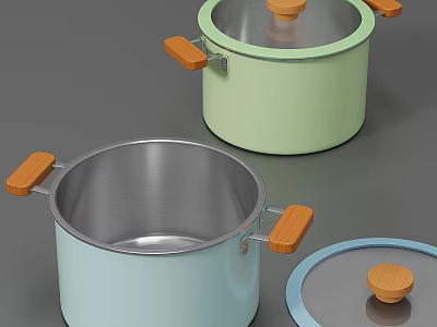 Colorful Cookware Pots with Light Blue Mint Green Bodies Wooden Handles and Stainless Steel Interior 3d model