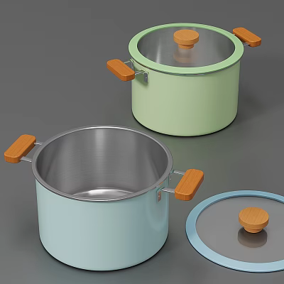 Colorful Cookware Pots with Light Blue Mint Green Bodies Wooden Handles and Stainless Steel Interior 3d model