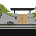 Courtyard Garden Entrance With Wooden Gate Gray Stone Walls Overhead Canopy And Pruned Pine Trees