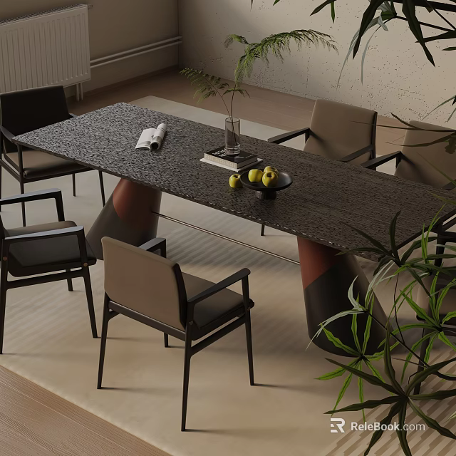 Modern Black Stone Dining Table Set With Four Chairs And Green Plant Decoration 3d model 