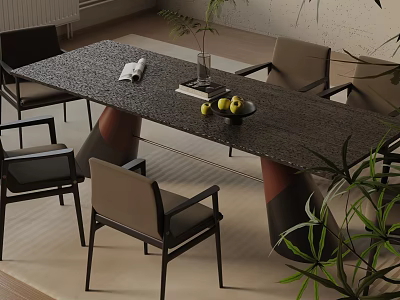 Modern Black Stone Dining Table Set With Four Chairs And Green Plant Decoration 3d model