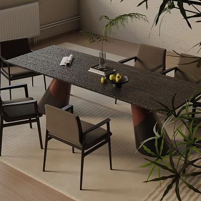 Modern Black Stone Dining Table Set With Four Chairs And Green Plant Decoration 3d model