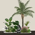 Tropical Courtyard Garden With Palm Tree Green Plants Flamingo Decor Small Lights And Pebbles