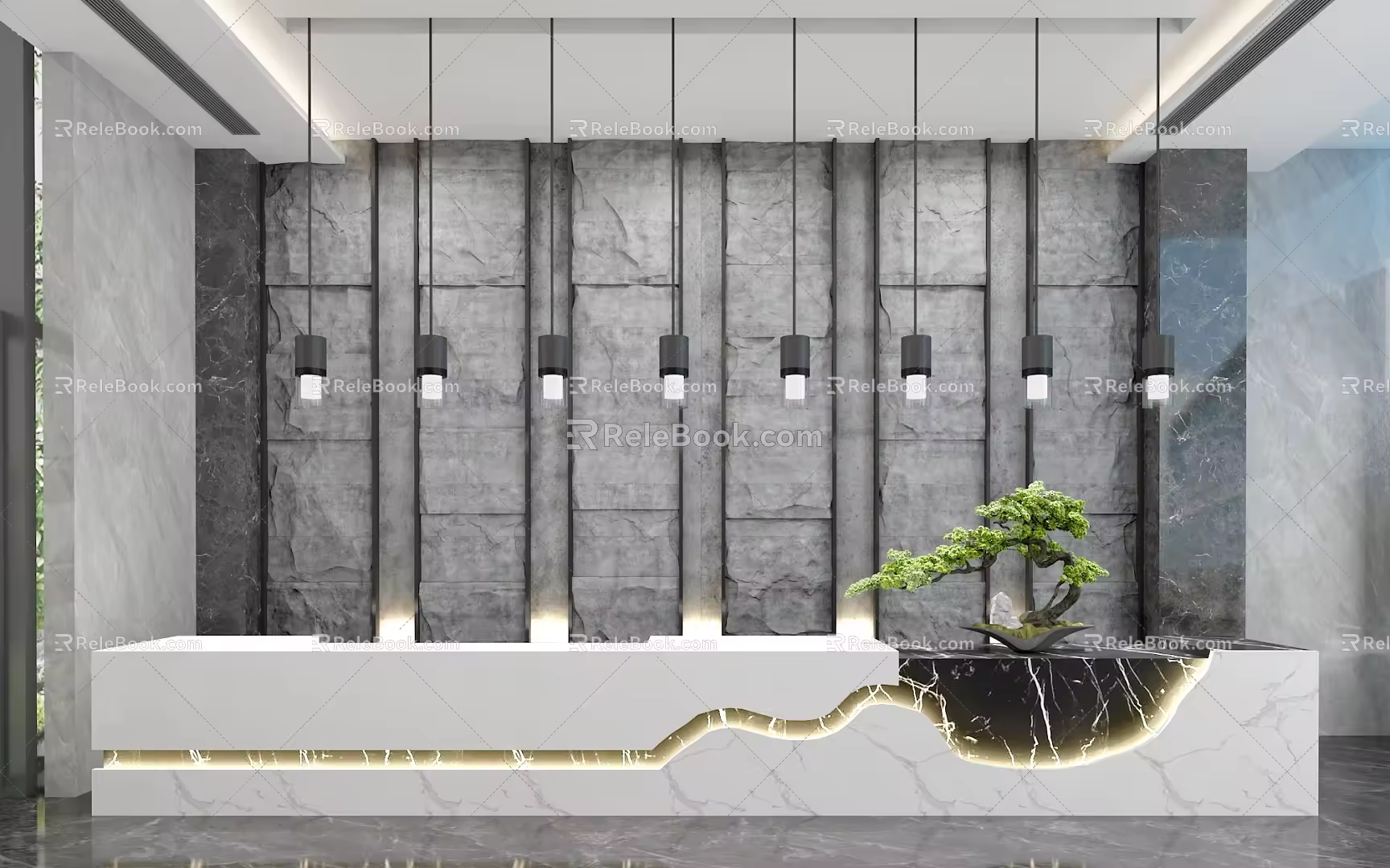 Bar counter bar chandelier background wall stone bar counter stone background wall 3d model