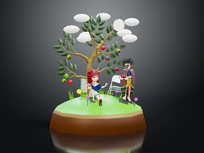 Cartoon Scene Featuring Two Characters Under Big Tree With Apples Clouds And Green Grass 3d model