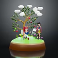 Cartoon Scene Featuring Two Characters Under Big Tree With Apples Clouds And Green Grass