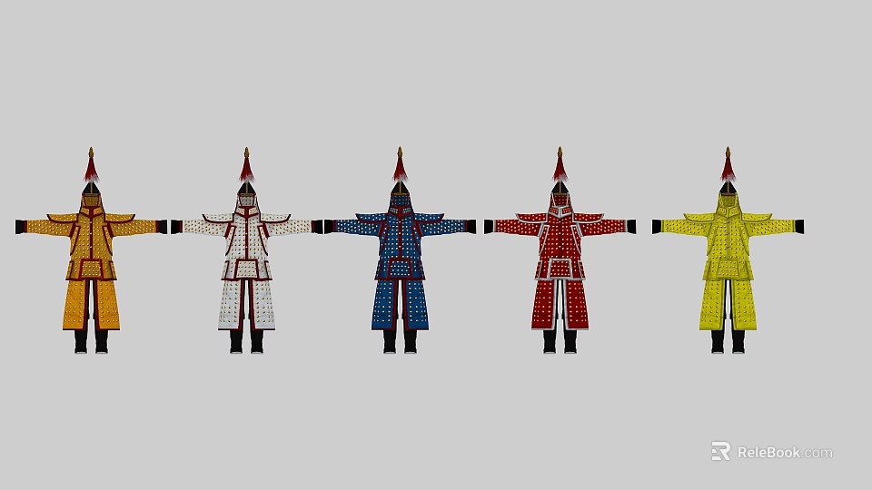 Traditional Ancient Soldier Clothing With Pointed Hats In Multiple Colors 3d model 