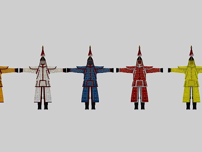 Traditional Ancient Soldier Clothing With Pointed Hats In Multiple Colors 3d model