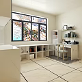 Home Study Room Interior With White Cabinets Large Window Scenic View Bookshelf Desk And Chair
