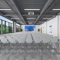 Modern Spacious Conference Room With White Chairs Large Screen Windows And Green Plants
