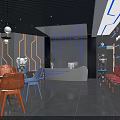 Modern Tech Inspired Leisure Interior With Colorful Chairs Round Tables Large Screens And Neon Lights