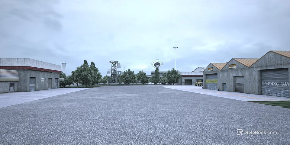 Industrial Factory With Open Space Surrounding Trees Gray Buildings Distant Tower Light Poles Overcast Sky 3d model 