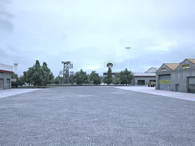 Industrial Factory With Open Space Surrounding Trees Gray Buildings Distant Tower Light Poles Overcast Sky 3d model