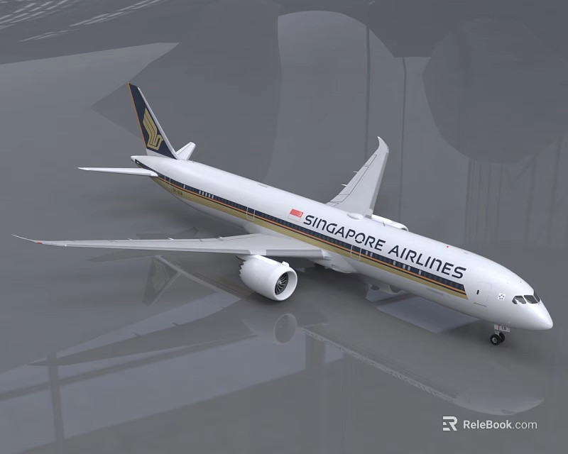 Singapore Airlines Commercial Airplane Featuring White And Gold Livery Exterior Design 3d model 