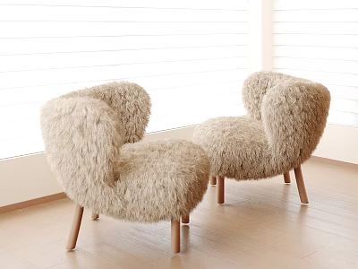 Light Colored Fluffy Accent Chair With Wooden Legs Near Window In Bright Room 3d model