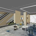 Modern Reception Area Interior With Sofas Chairs Round Tables Carpet And Decorative Wall 3d model