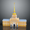 Yellow Historic Building With Golden Spire Clock Tower Arched Entrance And Columns
