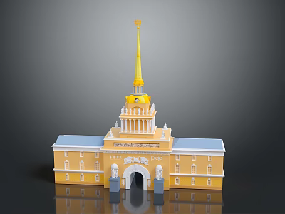 Yellow Historic Building With Golden Spire Clock Tower Arched Entrance And Columns 3d model