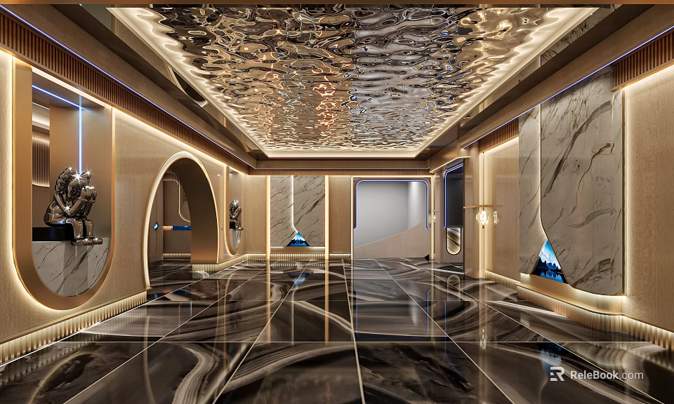 Modern Luxurious KTV Lobby Design With Marble Floors Gold Decorations Arched Doors And Mirrored Walls 3d model 