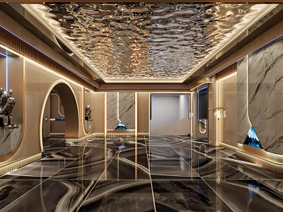 Modern Luxurious KTV Lobby Design With Marble Floors Gold Decorations Arched Doors And Mirrored Walls 3d model