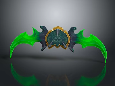 Green Bat Wing Shaped Fantasy Weapon With Golden Decoration And Dark Accents 3d model