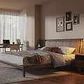 Modern Bedroom Interior With Bed Nightstand Desk And Framed Pictures On Wall