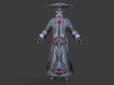 3D Model of Fantasy Creature Character in Ornate Robe With Hat and Red Gemstones 3d model