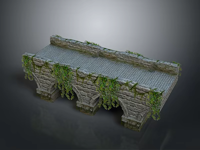 Ancient Stone Bridge With Arched Design And Green Ivy Covered Pavement 3d model