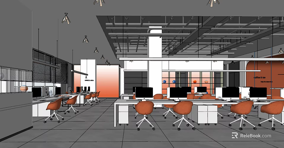 Public Office Space With White Desks Orange Chairs Computer Monitors And Pendant Lights 3d model 