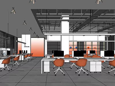 Public Office Space With White Desks Orange Chairs Computer Monitors And Pendant Lights 3d model